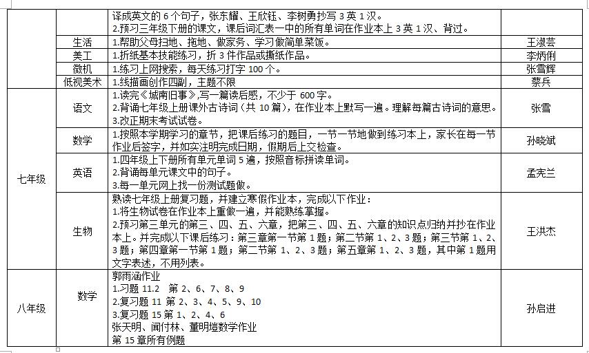 視障教育部2018——2019學(xué)年度第一學(xué)期寒假作業(yè)布置情況統(tǒng)計(jì)表